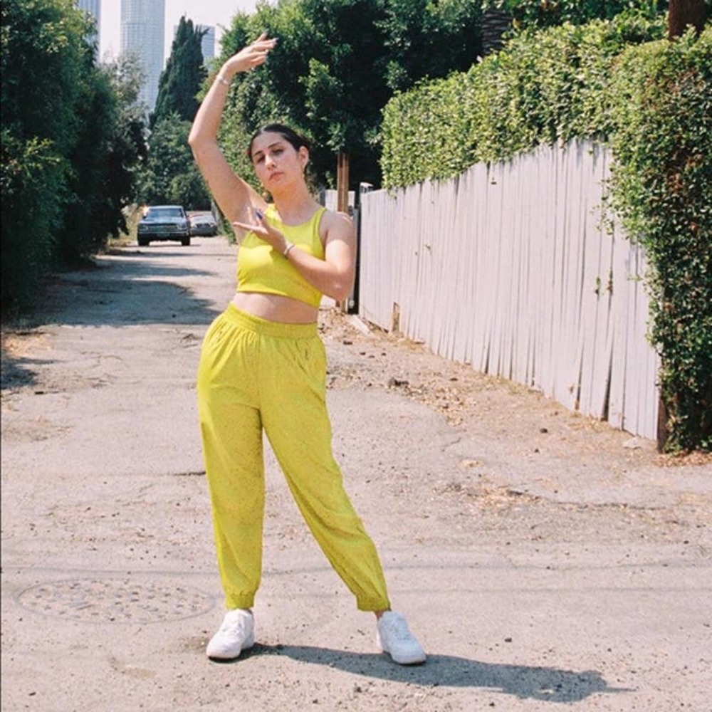 girlfriend collective track pants in chartreuse